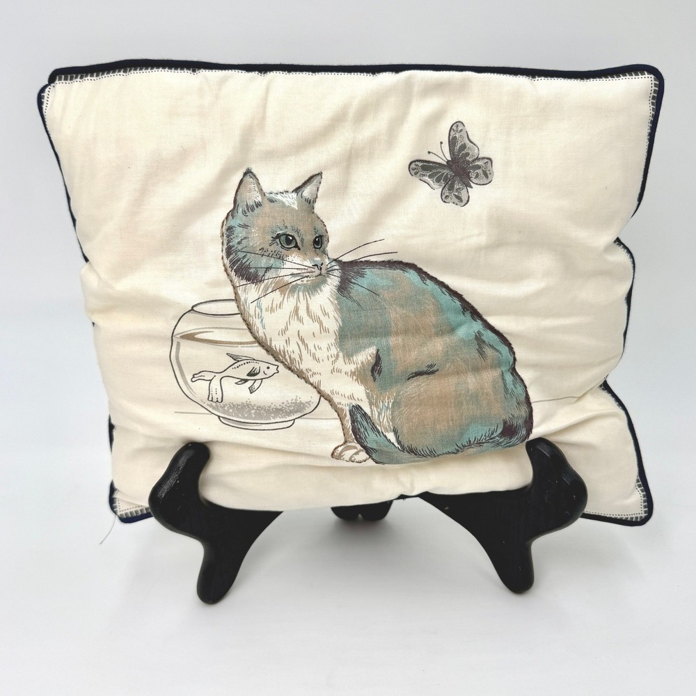 Vintage Cat Fishbowl Butterfly Decorative Accent Pillow Cream